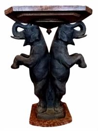 FRENCH ART DECO P. SEGA ELEPHANT SPELTER AND MARBLE TABLE, OCTAGONAL MARBLE TOP ON STANDING ELEPHANTS WITH RAISED TRUNKS
