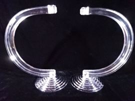MODERN CLEAR ACRYLIC AND CHROME CANDLE HOLDERS, CURVED CLEAR ACRYLIC ON TIERED CHROME BASES