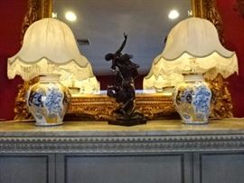 PAIR LARGE ARTEPIU ITALIAN CERAMIC LAMPS, WHITE, GOLD AND BLUE, SIGNED ARTEPIU ON BASE,