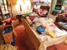 Lots of Vintage Fabrics and Clothing and Mid-Century Lane End Tables