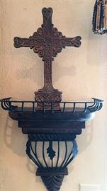 Pair of Metal Sconces and Iron Cross