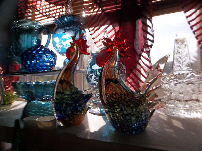 art glass roosters