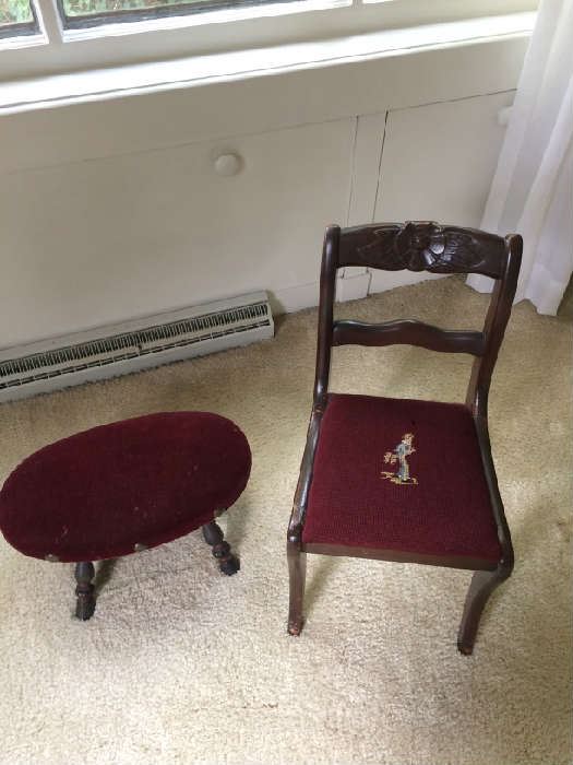Antique Needle Point kids Chair and Ottoman