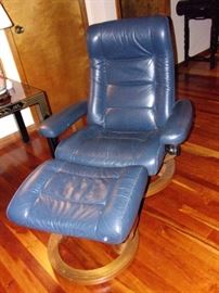 Blue leather chair and ottoman