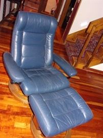 Blue leather chair and ottoman
