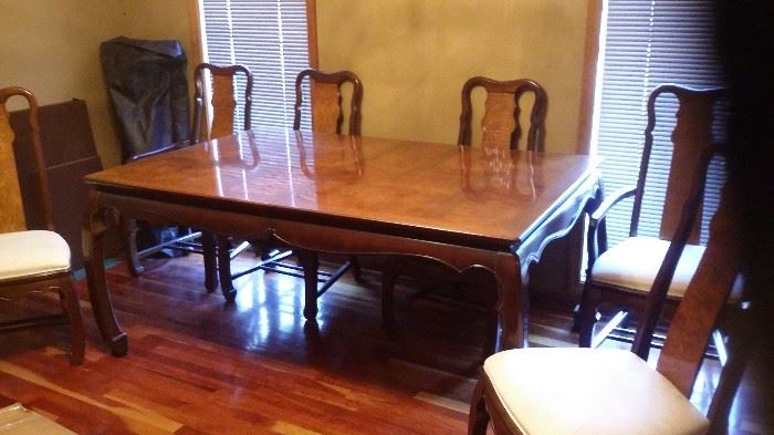 Burl wood top stunning Dining room table and 6 chairs with dining room china cabinet with Asian accents