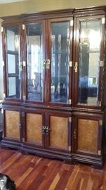 Burl wood top stunning Dining room table and 6 chairs with dining room china cabinet with Asian accents