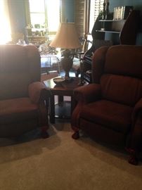 Matching brown recliners; octagon 2-tier side table; computer desk behind the chair