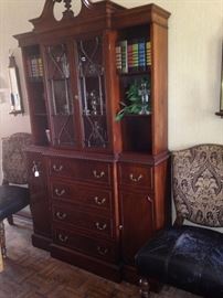 Mahogany china cabinet also serves as a secretary with the fold-out top drawer; matching leather seat chairs