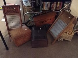 Antique washboards, baskets