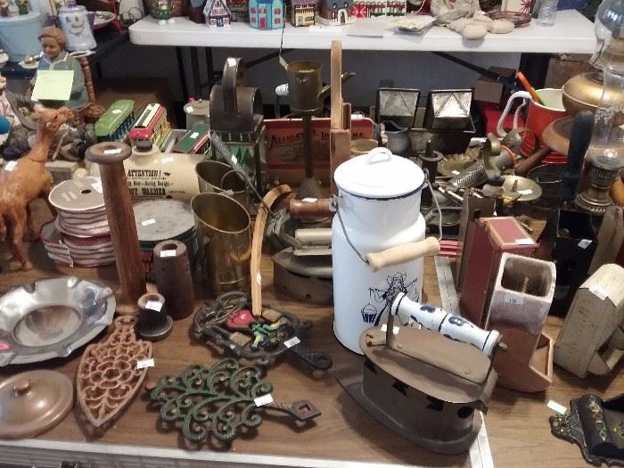 Antique Irons, Matchboxes, Hurricane Lamps