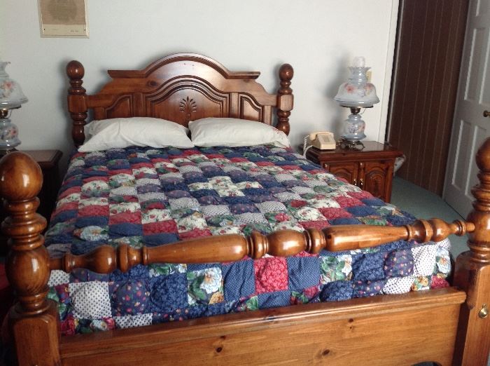 This beautiful Americana style bedroom set is in very good condition.  It includes a queen size bed, dresser with mirror, an armoire and 2 night stands. Some drawers were not even used.  Comforter is sold separately.  Mattress is not included.