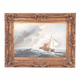 Simon Timmerman Oil Painting "Dutch Vessel in a Strong Breeze": A signed oil painting on canvas titled Dutch Vessel in a Strong Breeze by 
Simon Timmerman (British, 20th century). Signed by hand to the lower right, the painting depicts a pair of boats, one with large white sails, navigating the rough waves of the ocean under a dark cloudy sky. The painting is presented in a gesso and wood frame with an elaborate raised floral design and a gold tone plaque to the lower middle with the title of the painting. A wire for hanging purposes and a decal with the title of the painting are present to the verso.