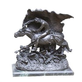 Frederic Remington Recast Bronze Sculpture "The Horse Thief": A bronze recast after an original piece by Frederic Remington (American, 1861-1909) titled The Horse Thief. The statue depicts a young brave with a stolen war pony trying to make his escape. The Buffalo robe is used to deflect arrows and bullets as he hurries through. The sculpture is signed in mold “Frederic Remington” to the front center. Presented on green marble base.