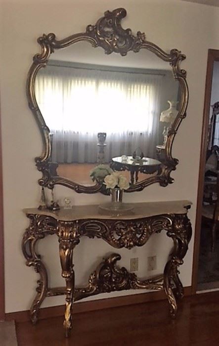 Carved Faux Marble Top Console Table w/ Mirror