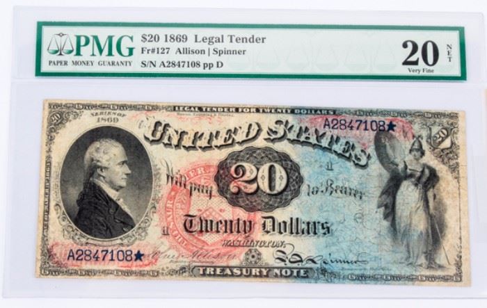 Lot 400 - Coin 1869 $20 Treasury Note Extremely Rare PMG 20