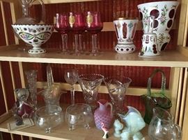 Bohemia white overlay over cranberry, Stuart Abelman cranberry pulled glass teddy bear, Sabino glass figurines