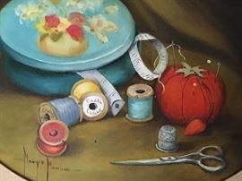 Margie Morrow small painting with sewing theme