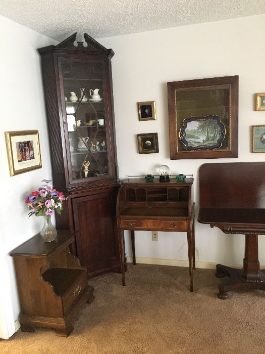 Antiques:   Chippendale glass front corner cabinet-large finial not shown, roll top secretary desk, 1800's swivel gaming table