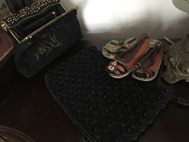 Antique handbags miniature slippers and shoes