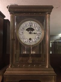 Boston Clock Company Tandem Wind Crystal Regulator Clock Brass & Bevel Glass Case, Porcelain Dial