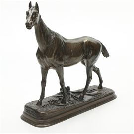 Brass Sculpture After Paul Edouard Delabrierre: A brass sculpture after an original by Paul Edouard Delabrierre (French 1829-1912). This sculpture depicts a thin horse walking calmly over leaves and branches. The horse is attached to a rectangular bronze base with an in-cast signature to the back left corner.