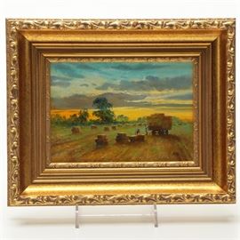 Oil Painting of Farmers Collecting Hay: An oil painting on board. This piece depict a farm field in which two men are pulling a cart along a line and collecting bales of hay. It is dawn, and the sun is breaking over the horizon in bright orange light. The painting is signed illegibly to the lower right corner. A label is affixed to the verso for William Sissons Gallery in Yorkshire. It is presented in a gold tone wood and gesso frame that is wired to the verso for hanging.