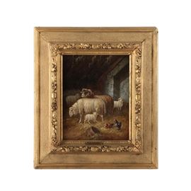 Adolf D. Nowey Oil Painting of Sheep: An oil painting of sheep believed to be by listed artist Adolf D. Nowey (born 1835). This work features careful painterly renderings of sheep, as well as a pair of hens, in a barn lined with a bed of hay. The work is signed “A.D. Nowey” to its lower left corner and is mounted in a molded gold tone frame with a plaque reading “A.D. Nowey” to its lower edge. There is a hanging wire present to the verso.