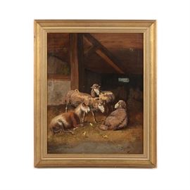 Oil Painting of Sheep in Barn: A signed oil painting on canvas of sheep in a barn. Signed illegibly to the lower right corner, the painting depicts a seated goat in a dark barn surrounded by chicks and sheep. The painting is presented in a gold tone wood frame with a wire present to the verso for hanging purposes.