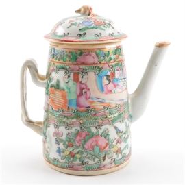 Chinese Porcelain Rose Medallion Teapot: A Chinese export, hand decorated and glazed rose medallion porcelain teapot. This piece features traditional Chinese decorative motifs of figures and birds surrounded by florals and butterflies. This item is unmarked.