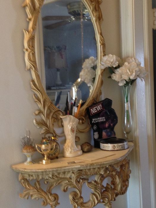 HOLLYWOOD RECENCY MIRROR AND MATCHING MARBLE SHELF