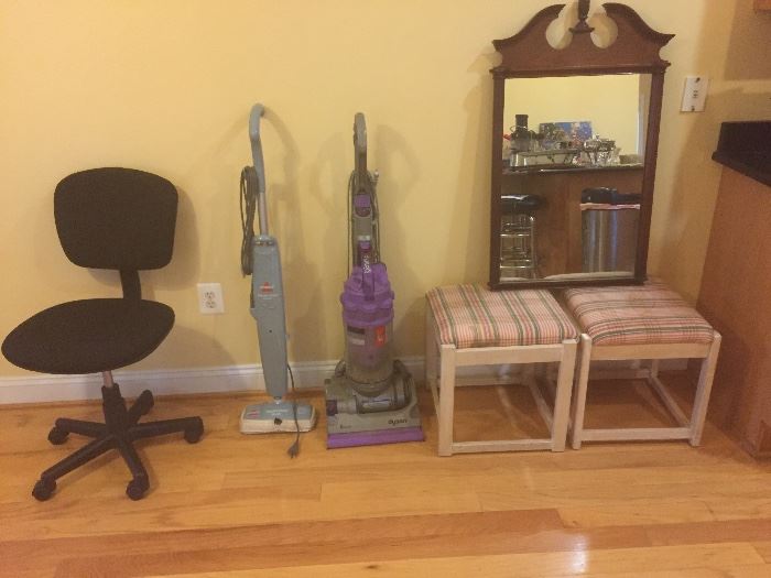 Black desk chair, Dyson vacuum, stools need to recovered, Cherry Mirror