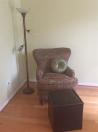 Wing chair, ottoman for storage and floor lamp