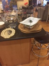 Casserole dish, mirror, placemats, just saucers, glass bowls, glass platters, chafing dish, stein
