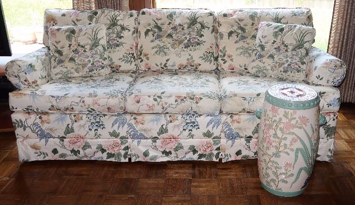 Floral Upholstered Sofa and an Asian Garden Stool