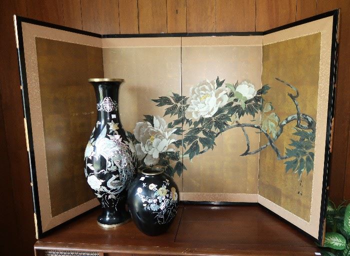 Asian Painted Screen and MOP Vases