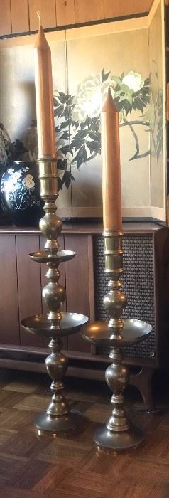 Brass candle holders with wooden candles