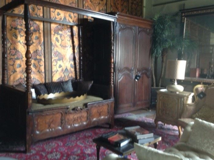 18th .c French carved ,marquetry inlaid, provincial Day bed with later canopy , custom springs and mattress. 18th c. French Armoire