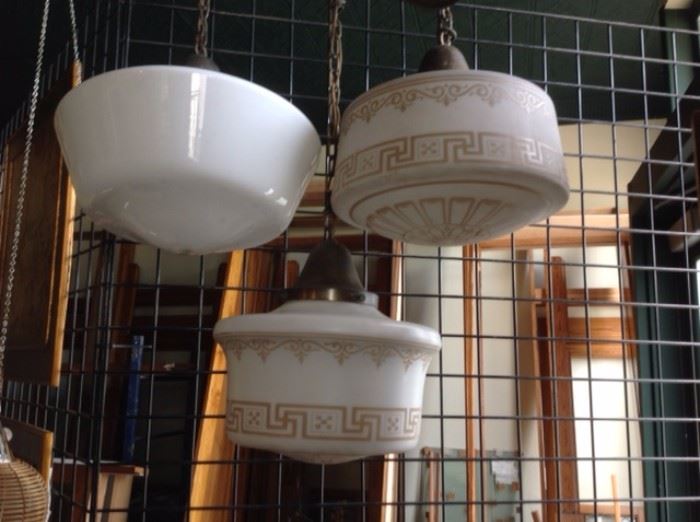 LARGE SELECTION OF EARLY 1930'S SCHOOL HOUSE LIGHTING SOME WITH CHAINS AND CEILING MOUNTS