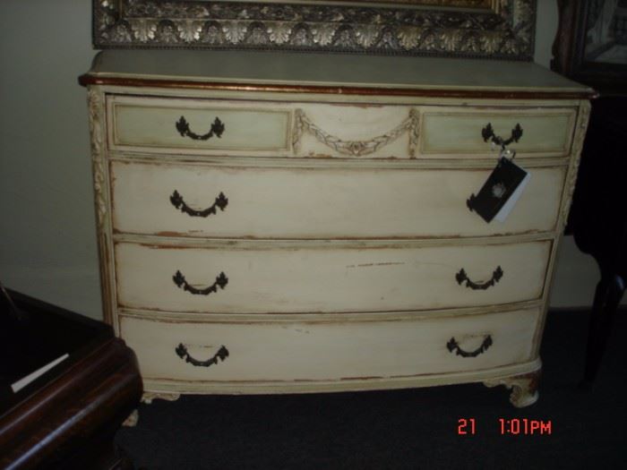 FRENCH CHEST,OLD PAINT WITH GILT TRIM