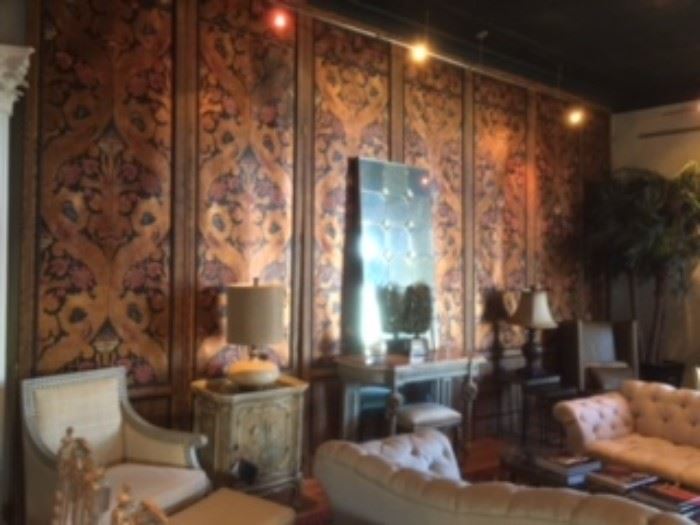 ENGLISH FOLDING SCREEN HAND PAINTED LINCRUSTRA PANELS WITH FAUX WOOD FRAME.