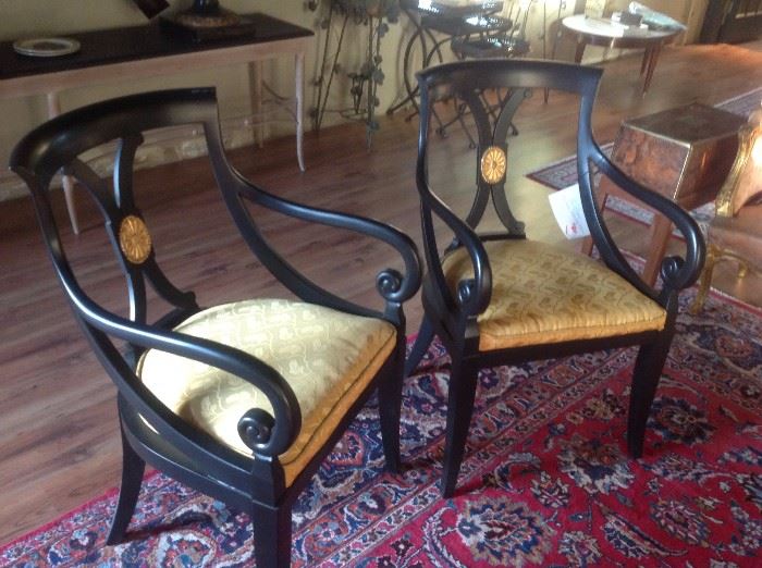 PAIR OF EBONIZED REGENCY STYLE CHAIRS WITH SLIP SEATS