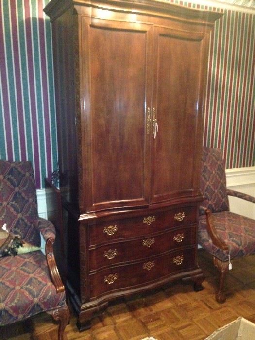 Entertainment armoire with lots of storage; two matching arm chairs