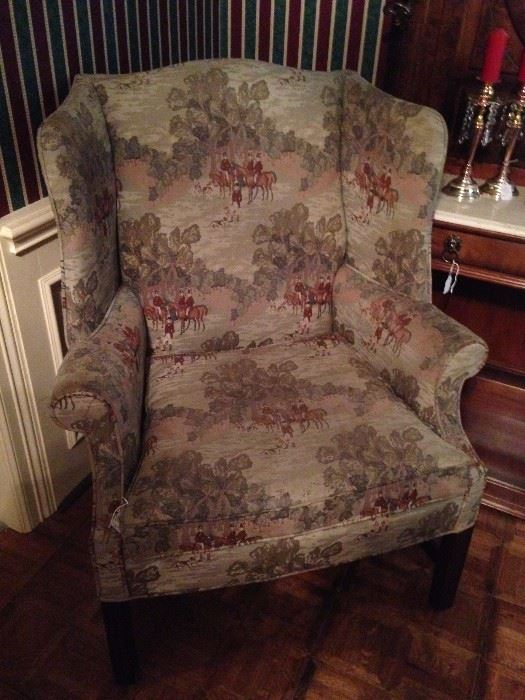 Hunt scene fabric upholstered wingback chair