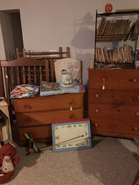 Child's 3 Drawer chest and 4 Drawer dresser. These pieces are also from the 60's . Fun mix of toys and books! 