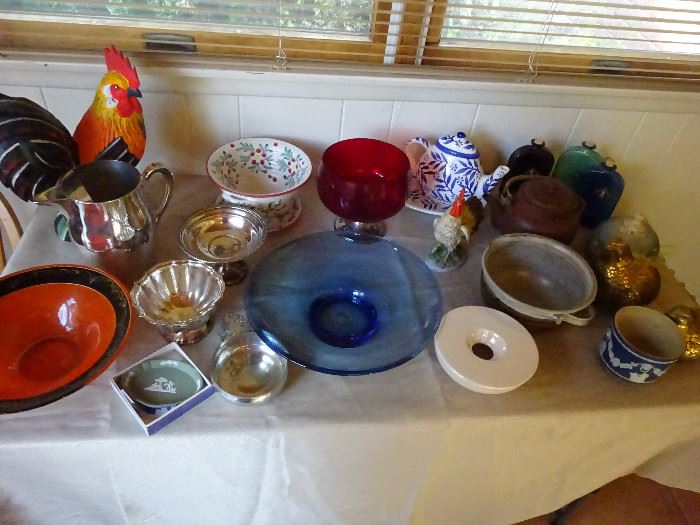 Silver Plate Bowls, Porcelain Pieces and Wedgewood Pieces