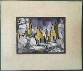 Joshua Meador, 1911-1965, Abstract Figurative Scene, Oil on Canvas, 6"x8", Mounted on Linen Covered Board