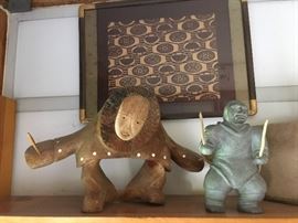 Pacific Northwest Figures of Carved Stone and Whale Vertebra; Framed Textile