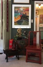 Antique Chinese Lacquer Wedding Chair; Antique Chinese Wood Blanket Chest with Handmade Brass Hardware; Temple Desk; glazed Ceramic Roof-Tiles; "Hopi Eagle Dance" by Dan Namingha (1950-) 30" x 22"  Lithograph 32/150