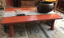 Japanese Lacquer Table; Obi; Brass Vesel